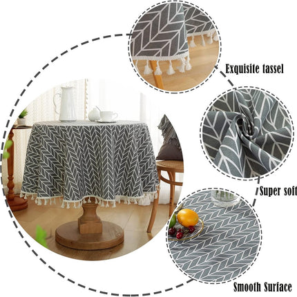 Round Tablecloth - Tablecloth with striped tassels made of cotton and linen - Washable Tablecloth - for table decoration in the kitchen and dining room - Round - 150 x 150 cm.