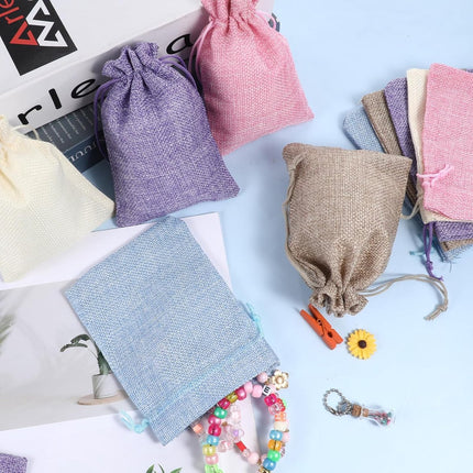 15 pieces - jute bags with drawstring - drawstring - gift bag - storage bag - gift packaging - jewelry pouch jute bags - jute bags - for Christmas, Thanksgiving, wedding favors, DIY, crafting - 14*10 cm - linen, purple, pink, blue, beige.