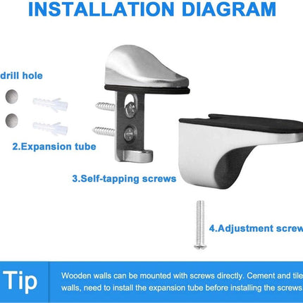 4 pieces - Glass clamp - Glass shelf brackets - Adjustable - Glass shelf bracket - fishmouth glass clip - wall mounting bracket - zinc alloy - furniture accessories - hardware accessories - with screws - for shelves of 3-20 mm thickness - 56*24*50 mm - wh.