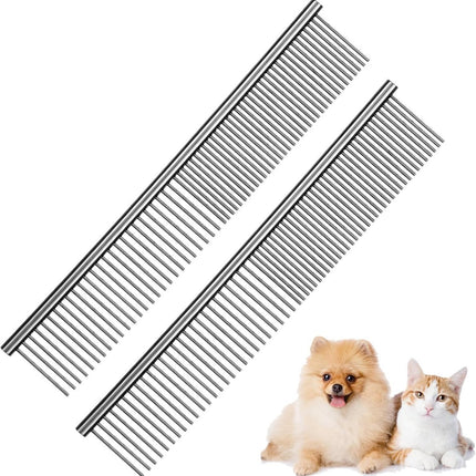 Dog Comb Long Hair Brush Steel Comb for Pet Care Tangle Removal Knots - Set of 2.