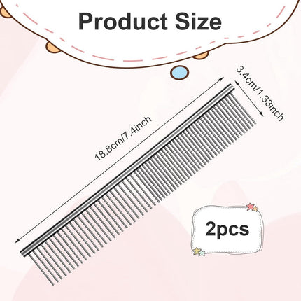 Dog Comb Long Hair Brush Steel Comb for Pet Care Tangle Removal Knots - Set of 2.