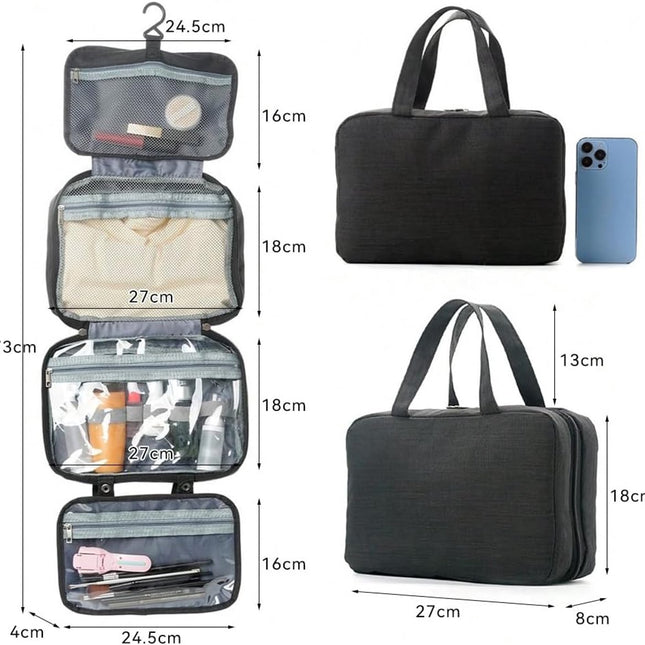 Toiletry bag - Portable hanging toiletry bag - foldable travel toiletry bag - large foldable travel bag - travel makeup bag - storage bag - with 4 compartments - waterproof toiletry bag - unisex - for vacation, shower, camping and travel - 27*18*8 cm - bl.