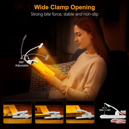 Rechargeable Reading Lamp with Type-C Cable - LED Reading Light for Book with Clip - 24 LED - Reading Lamp Clip [3 Light Modes] - Dimmable - Mini Flexible Night Light - 315° Rotatable Reading Lamp - With Gooseneck and Clip for Children - White.