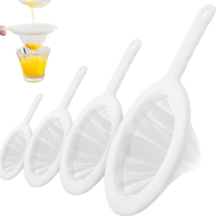 4 pieces - Filter screen - nylon fine sieve with handle - 100/200/300/400 mesh - food filter - fine mesh filter - plastic kitchen sieve - fine mesh sieve - for filtering juice, milk, wine, coffee - white - 14.5*24 cm.