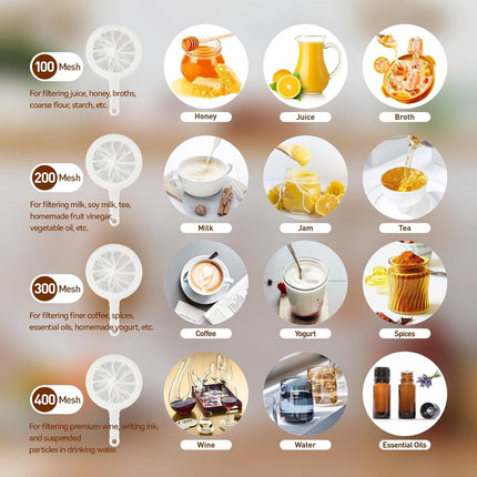 4 pieces - Filter screen - nylon fine sieve with handle - 100/200/300/400 mesh - food filter - fine mesh filter - plastic kitchen sieve - fine mesh sieve - for filtering juice, milk, wine, coffee - white - 14.5*24 cm.