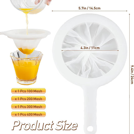 4 pieces - Filter screen - nylon fine sieve with handle - 100/200/300/400 mesh - food filter - fine mesh filter - plastic kitchen sieve - fine mesh sieve - for filtering juice, milk, wine, coffee - white - 14.5*24 cm.