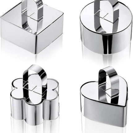 4 pieces - stainless steel - dessert rings - cake rings - with handle - molds - for baking and cooking cakes, mousses, and desserts - 8*3.8 cm - silver - square, round, heart shape, flower shape.