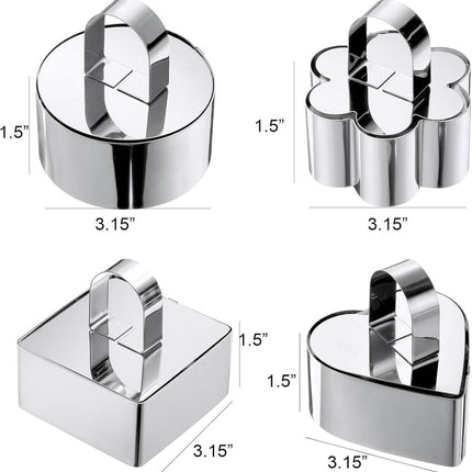 4 pieces - stainless steel - dessert rings - cake rings - with handle - molds - for baking and cooking cakes, mousses, and desserts - 8*3.8 cm - silver - square, round, heart shape, flower shape.