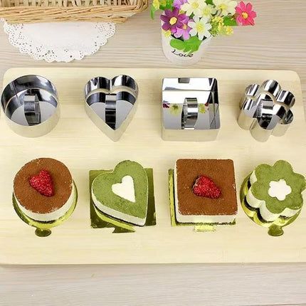 4 pieces - stainless steel - dessert rings - cake rings - with handle - molds - for baking and cooking cakes, mousses, and desserts - 8*3.8 cm - silver - square, round, heart shape, flower shape.