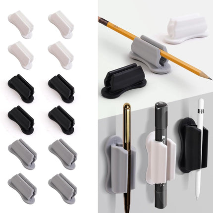 12 pieces - pen holder - pen holder for desk - self-adhesive silicone pen holder - for clipboard mounting in classroom - highlighter holder - pencil holder - for desk, classroom, office accessories - black, white and grey - 2*4.7 cm.