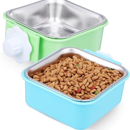 2 pieces - Hanging pet cage feeder - Pet feeder - 2-in-1 water bowl - adjustable - removable - double stainless steel design - for dog, puppy, cat, rabbit, guinea pig, hedgehog, bird - green and blue.