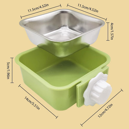 2 pieces - Hanging pet cage feeder - Pet feeder - 2-in-1 water bowl - adjustable - removable - double stainless steel design - for dog, puppy, cat, rabbit, guinea pig, hedgehog, bird - green and blue.