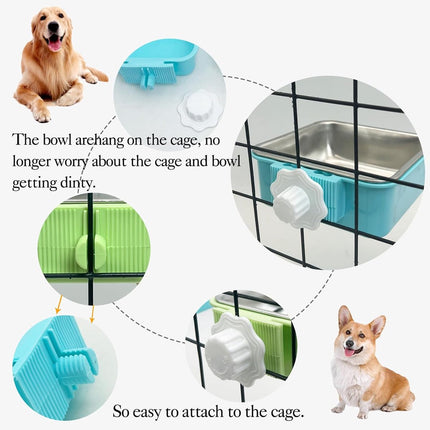 2 pieces - Hanging pet cage feeder - Pet feeder - 2-in-1 water bowl - adjustable - removable - double stainless steel design - for dog, puppy, cat, rabbit, guinea pig, hedgehog, bird - green and blue.