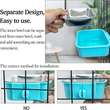 2 pieces - Hanging pet cage feeder - Pet feeder - 2-in-1 water bowl - adjustable - removable - double stainless steel design - for dog, puppy, cat, rabbit, guinea pig, hedgehog, bird - green and blue.