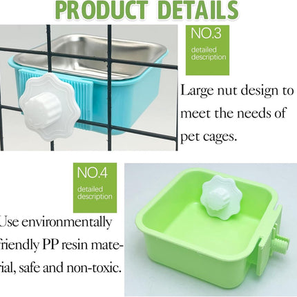 2 pieces - Hanging pet cage feeder - Pet feeder - 2-in-1 water bowl - adjustable - removable - double stainless steel design - for dog, puppy, cat, rabbit, guinea pig, hedgehog, bird - green and blue.