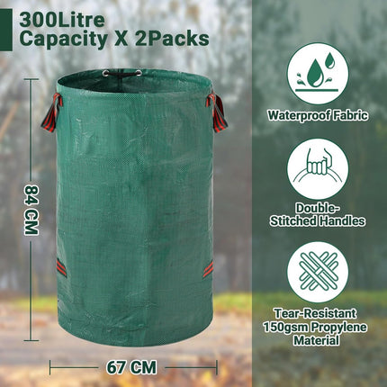 Heavy-duty garden waste bags - 300L - 67*67*84cm - 2 pieces - Reusable garden waste bags with handles - Industrial fabric - For leaf waste - Waterproof garden waste bags - Waterproof PP woven bags - Garden leaf bags - L.
