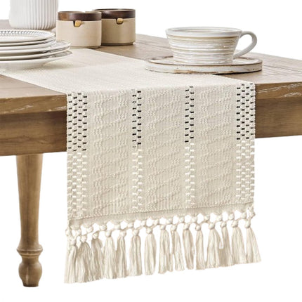 Table runner - tablecloth - Bohemian style table runner - pink table runner - with knotted tassel - farmhouse woven home decor - white - 30*240 cm.
