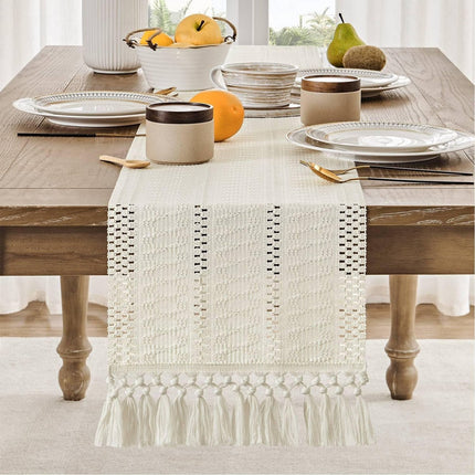 Table runner - tablecloth - Bohemian style table runner - pink table runner - with knotted tassel - farmhouse woven home decor - white - 30*240 cm.