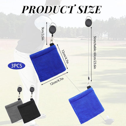 3 pieces - Golf Ball Towel - Golf Bag Amphibious Towels - with retractable buckle - Soft and delicate golf towel - Durable golf club cleaner - for fitness, outdoor sports - 12*12 cm - black, blue and grey.