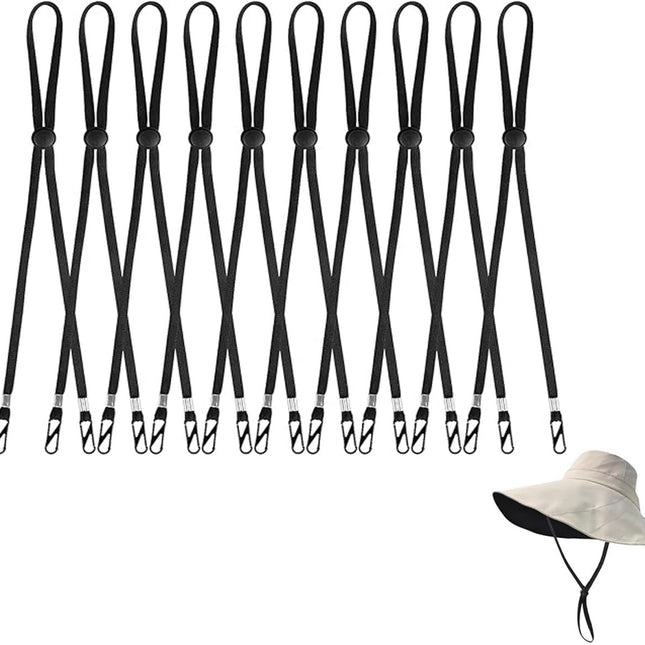 10 pieces - Hat cord - Windproof hat cord - Hat strap clips for travel hats - Removable chin strap - Anti-wind hood strap clip - Anti-loss hat strap clip - For golfing, boating, fishing, hats, outdoors - Black - 35 cm