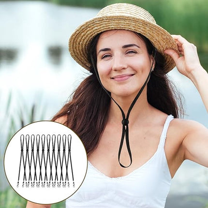 10 pieces - Hat cord - Windproof hat cord - Hat strap clips for travel hats - Removable chin strap - Anti-wind hood strap clip - Anti-loss hat strap clip - For golfing, boating, fishing, hats, outdoors - Black - 35 cm.