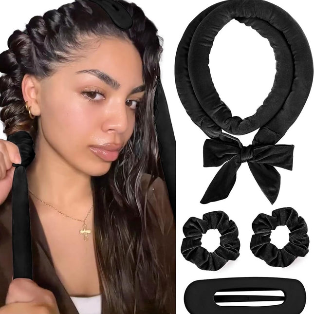 Heatless Curls - 4-piece set - Hair Rollers - Heatless Curls with Hair Scrunchies and Clip - Heatless Curls - Curlers - Hair Curler - Black.