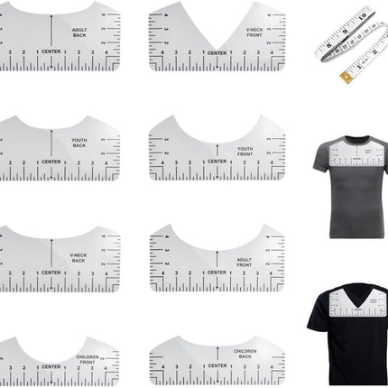 8 pieces - T-shirt ruler guide - with 1 soft measuring tape - T-shirt alignment tool - T-shirt alignment rulers - T-shirt rulers - for round neck and V-neck - sewing tools - white.