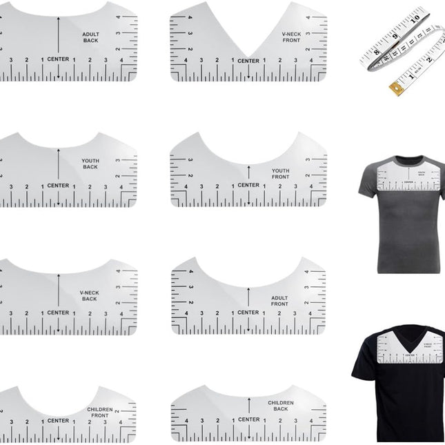 8 pieces - T-shirt ruler guide - with 1 soft measuring tape - T-shirt alignment tool - T-shirt alignment rulers - T-shirt rulers - for round neck and V-neck - sewing tools - white.