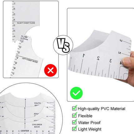8 pieces - T-shirt ruler guide - with 1 soft measuring tape - T-shirt alignment tool - T-shirt alignment rulers - T-shirt rulers - for round neck and V-neck - sewing tools - white.