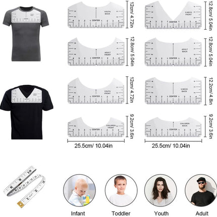 8 pieces - T-shirt ruler guide - with 1 soft measuring tape - T-shirt alignment tool - T-shirt alignment rulers - T-shirt rulers - for round neck and V-neck - sewing tools - white.
