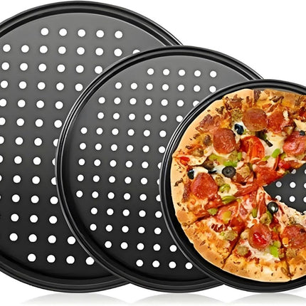 3 pieces - Pizza pans - round pizza plate - pizza baking sheet - baking sheet - round baking sheets with non-stick coating - perforated pizza baking set - pizza pans with holes - for home, kitchen and oven - 24cm, 28 cm, 32 cm - black.