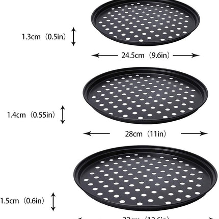 3 pieces - Pizza pans - round pizza plate - pizza baking sheet - baking sheet - round baking sheets with non-stick coating - perforated pizza baking set - pizza pans with holes - for home, kitchen and oven - 24cm, 28 cm, 32 cm - black.