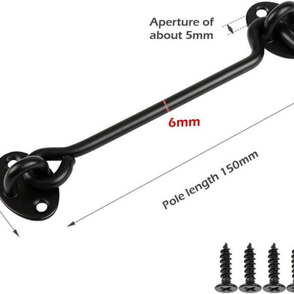 2 pieces - Wind hook - 6 inch - Wind hooks - Door hinges - Door bolt - Hinge - barn door hook - hook and eye bolt - cabin hooks and eye bolt - swivel window hook - door hooks - lock - for sliding door, bedroom, bathroom - 150*39 mm - black.