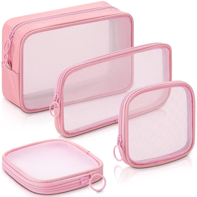 4 pieces - Cosmetic bag - Travel toiletry bag - Storage bag - mesh cosmetic bag - travel bag with zipper - mini makeup bag - for daily accessories - for travel and daily use - small, large, medium - pink.