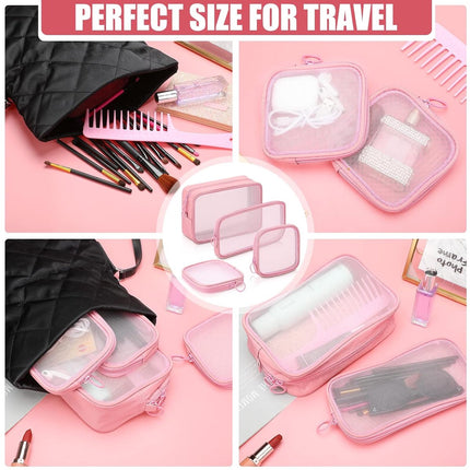 4 pieces - Cosmetic bag - Travel toiletry bag - Storage bag - mesh cosmetic bag - travel bag with zipper - mini makeup bag - for daily accessories - for travel and daily use - small, large, medium - pink.