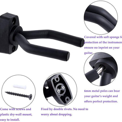 Guitar Wall Mount - 6 Pieces - Guitar Wall Holder - Guitar Stand - Guitar Hanger - Wall Bracket - Black Guitar Stand with Screws - Hook - Easy to Install - Adjustable - Suitable for All Sizes of Guitars, Bass, Mandolin, Banjo, Ukulele.
