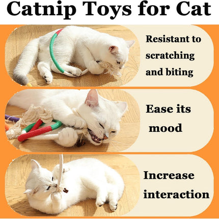 Cat Toys - 4 Pieces Cat Teeth Cleaning Toys - Cat Toy Chew Ropes - Toys For Cats - Indoor/Outdoor Interactive Ropes & Catnip Toys - with Catnip - for Self-Playing Adults & Kittens, Yellow & Orange.