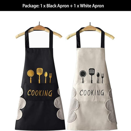Kitchen Apron - 2 pieces - Professional Cooking Apron - Ladies' Kitchen Apron with Hand-Wipe Pockets - for Ladies and Gentlemen - Professional Cooking Apron - Catering Apron - Large Pocket - Hand-Wipe - Waterproof - for Cooking and Baking - Easily Adjusta.