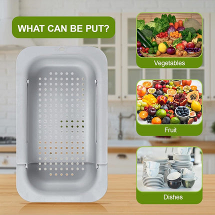 Sink drain basket - Strainer - Washing vegetables and fruit - Draining cooked pasta and drying dishes - Extendable and telescopic - New kitchen accessories for the home - Grey.