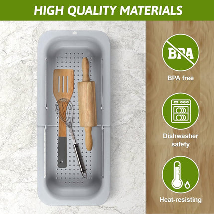 Sink drain basket - Strainer - Washing vegetables and fruit - Draining cooked pasta and drying dishes - Extendable and telescopic - New kitchen accessories for the home - Grey.