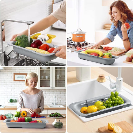 Sink drain basket - Strainer - Washing vegetables and fruit - Draining cooked pasta and drying dishes - Extendable and telescopic - New kitchen accessories for the home - Grey.