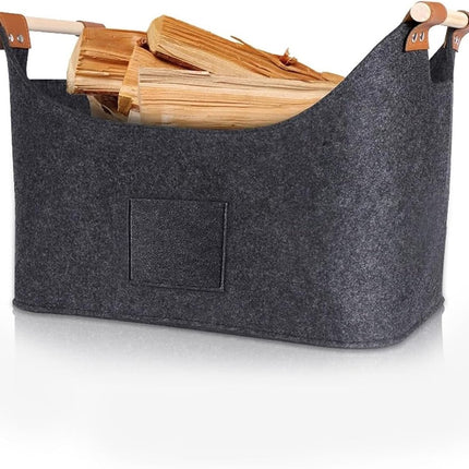 wood basket - firewood basket - storage basket - Foldable felt firewood basket with wooden handles - Fireplace Wood Basket - firewood basket - storage basket for wood, toys and books - Firewood basket - Dark grey.