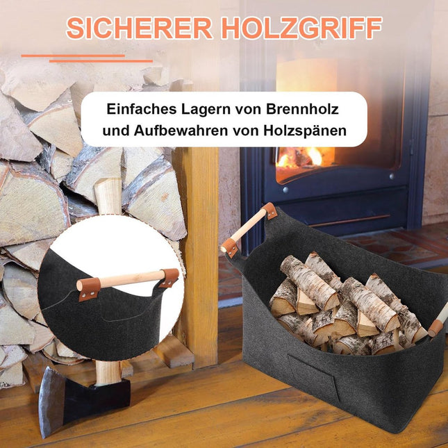 wood basket - firewood basket - storage basket - Foldable felt firewood basket with wooden handles - Fireplace Wood Basket - firewood basket - storage basket for wood, toys and books - Firewood basket - Dark grey.