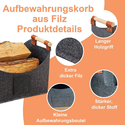 wood basket - firewood basket - storage basket - Foldable felt firewood basket with wooden handles - Fireplace Wood Basket - firewood basket - storage basket for wood, toys and books - Firewood basket - Dark grey.