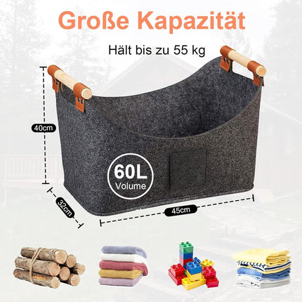 wood basket - firewood basket - storage basket - Foldable felt firewood basket with wooden handles - Fireplace Wood Basket - firewood basket - storage basket for wood, toys and books - Firewood basket - Dark grey.
