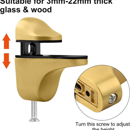 pieces - Glass clamp - Glass shelf brackets - adjustable - glass shelf bracket - fishmouth glass clip - wall mounting bracket - zinc alloy - furniture accessories - hardware accessories - with screws - for shelves of 3-20 mm thickness - 56*24*50 mm - gold.