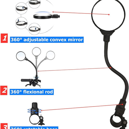 Bicycle Mirror E-bike Rearview Mirror - handlebar lens bicycle mirror - Bicycle mirror right - round mirror - safe rearview mirror for bicycle - scratch-resistant glass lens - adjustable and rotatable safe rearview mirror - 360º Rotatable.