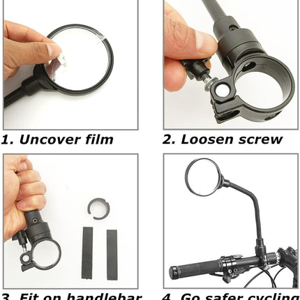 Bicycle Mirror E-bike Rearview Mirror - handlebar lens bicycle mirror - Bicycle mirror right - round mirror - safe rearview mirror for bicycle - scratch-resistant glass lens - adjustable and rotatable safe rearview mirror - 360º Rotatable.