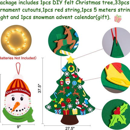 Felt Christmas tree - With Snowman advent calendar - Christmas decoration set - Felt Christmas tree for children incl. 33 ornaments - Mini Christmas tree - children's gift with string lights - Safe felt DIY tree - children's Christmas DIY wall hanging - C.