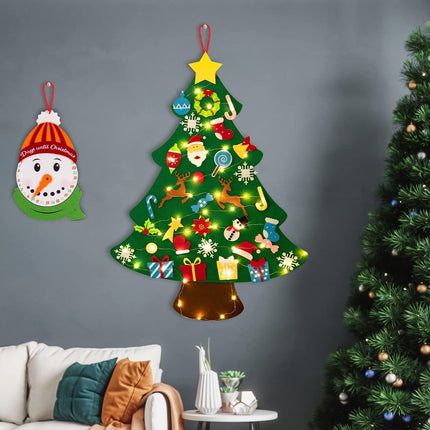 Felt Christmas tree - With Snowman advent calendar - Christmas decoration set - Felt Christmas tree for children incl. 33 ornaments - Mini Christmas tree - children's gift with string lights - Safe felt DIY tree - children's Christmas DIY wall hanging - C.